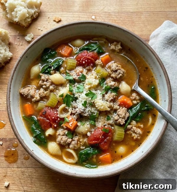 Satisfying Turkey Pasta Soup with Zesty Sun-Dried Tomatoes 2 Steaming bowl of ground turkey soup with fresh herbs and a spoon