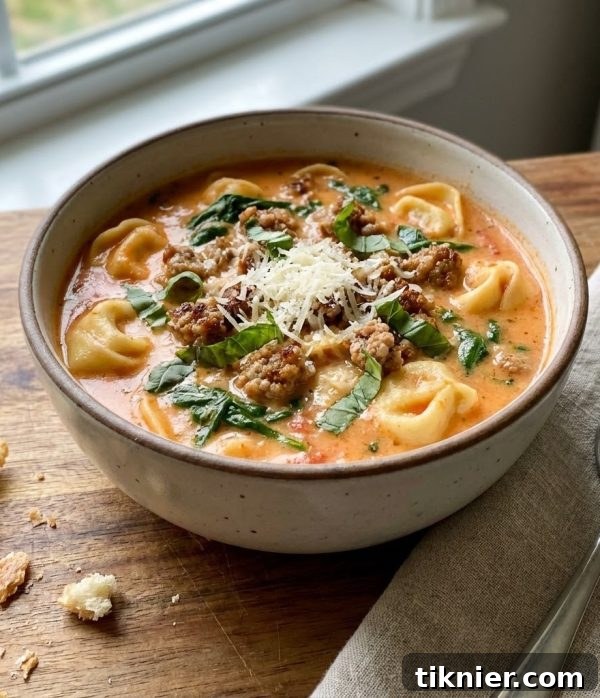 A vibrant bowl of creamy cheese tortellini soup with Italian sausage and fresh basil, ready to be served.