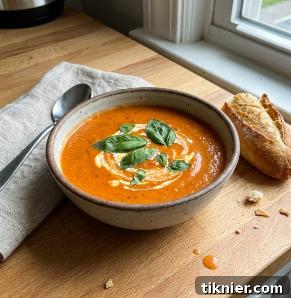 Close-up of creamy homemade tomato soup in a bowl