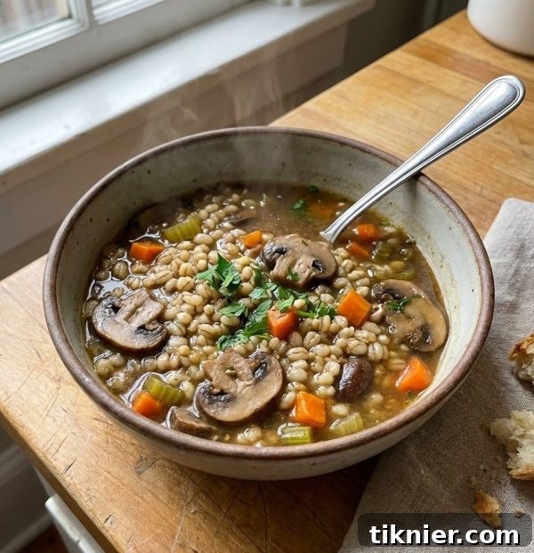Hearty barley soup in a bowl with a spoon