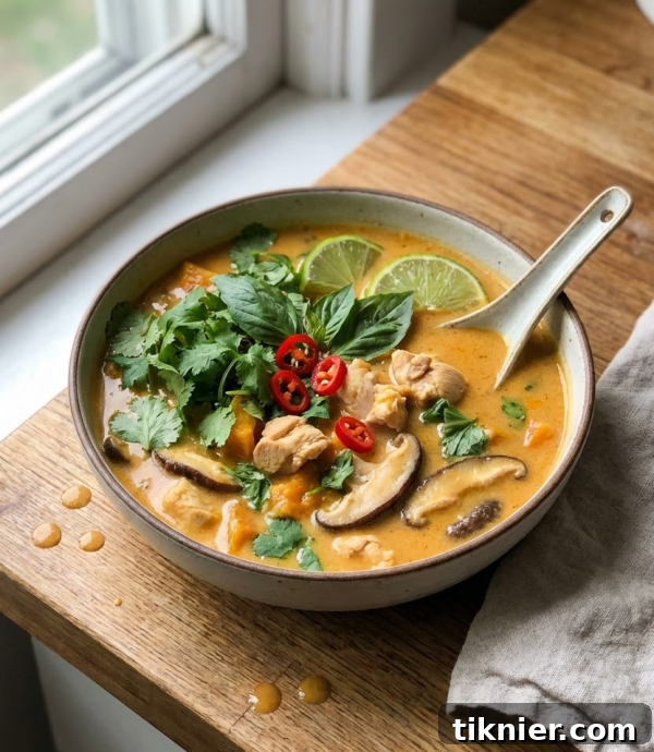 Delicious Creamy Kabocha Squash Thai Chicken Soup in a bowl