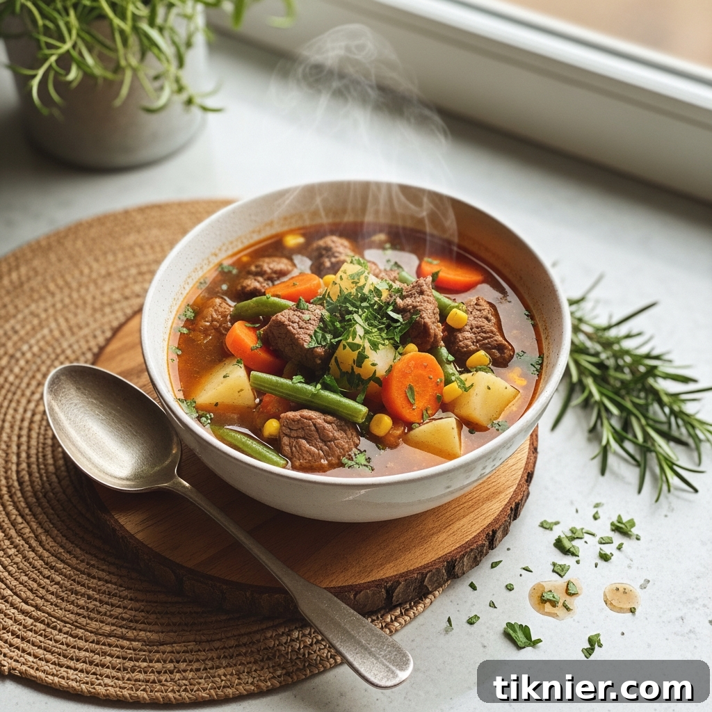 The Secret Behind Grandma's Unforgettable Vegetable Beef Soup 3 A close-up shot of a rustic bowl of Old Fashioned Vegetable Beef Soup, showing tender beef, vibrant vegetables, and rich broth, garnished with fresh herbs.