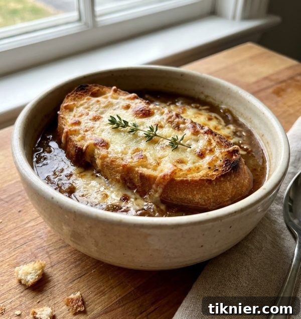 A detailed shot of Smoky & Savory Instant Pot French Onion Soup, showcasing the bubbly, melted smoked Gruyere and Parmesan cheese topping over toasted baguette slices, served in a rustic ceramic crock.