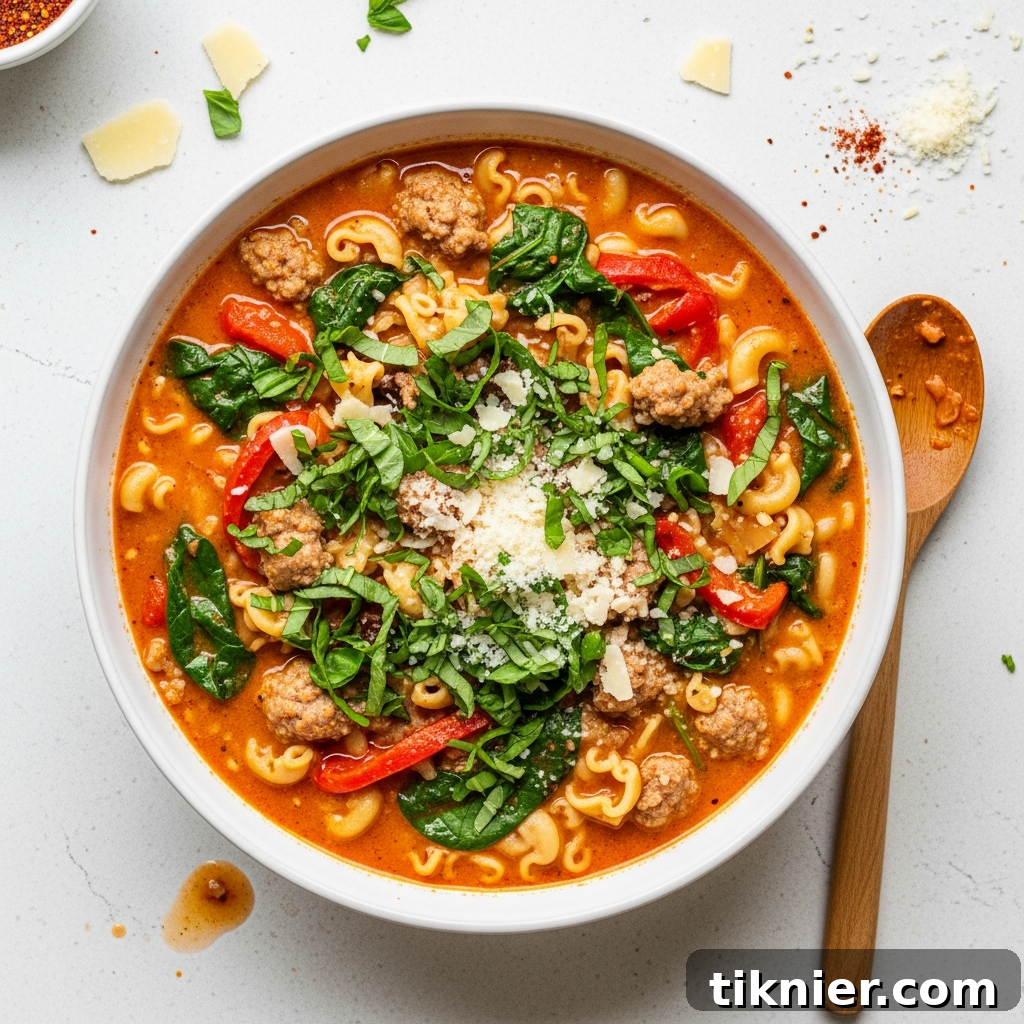 A close-up of a bowl of Creamy Parmesan Italian Sausage Soup, showing the texture of the pasta, sausage, and creamy broth.
