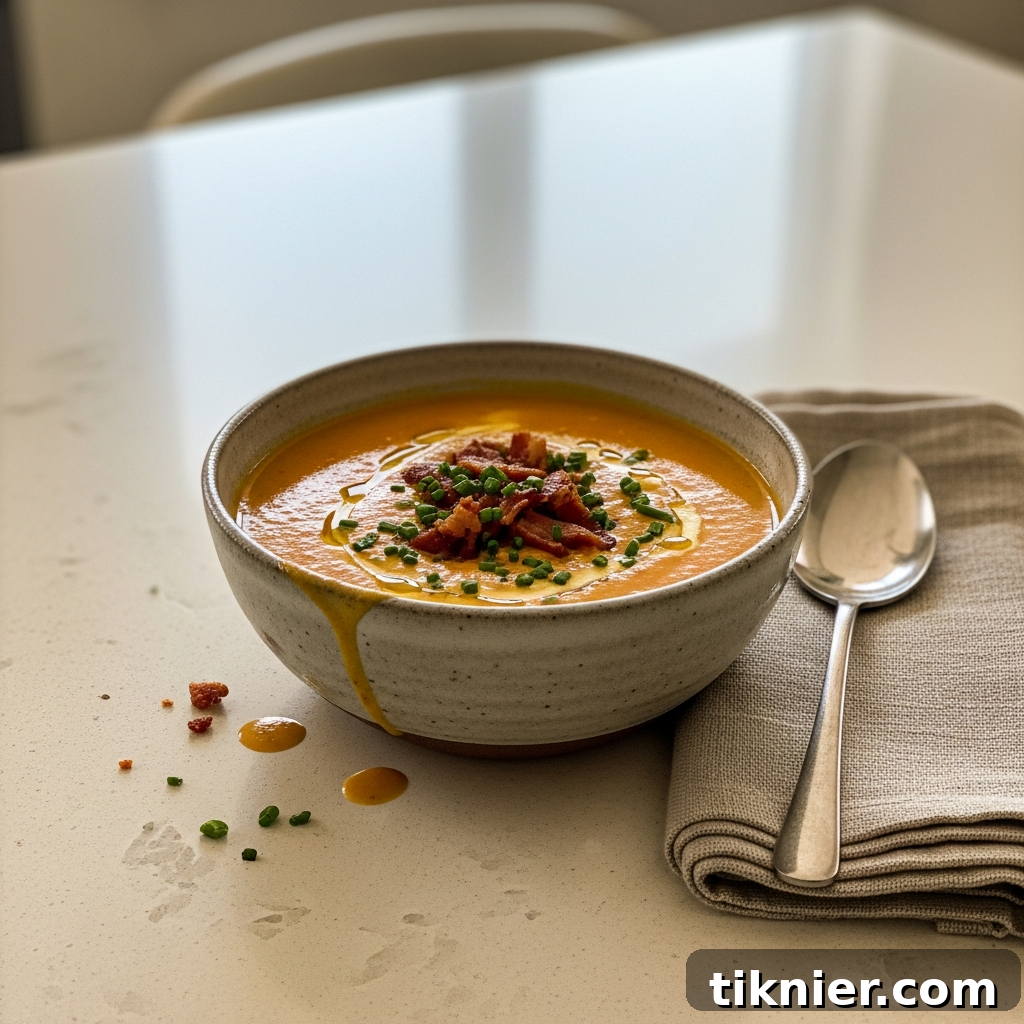 A bowl of creamy smoky Gouda and sharp cheddar cheese soup topped with bacon and chives.